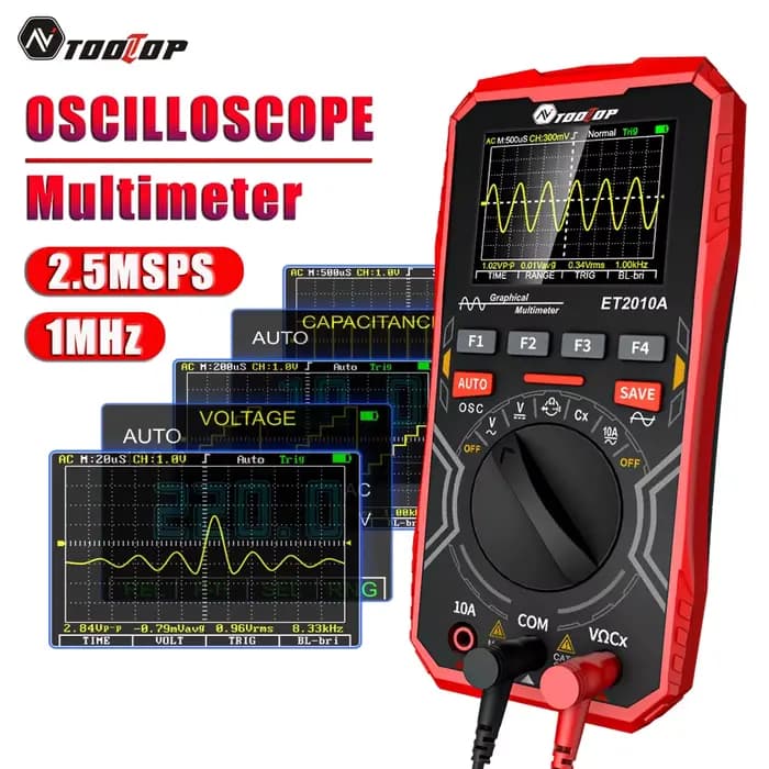 TOl'hyTOP ET2010A-Multimètre d'oscilloscope numérique portable, outil de test électrique multifonctionnel, 2 en 1, 2.5Msps, 1MHz