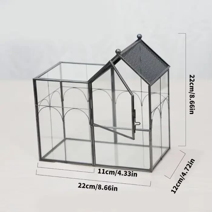 Maison d'exposition terrarium en verre avec cadre panneau d'ouverture pour compositions florales, placement sur 22