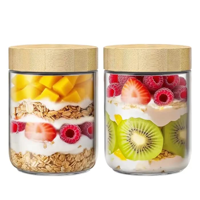 Bocaux en verre de 16 oz avec couvercles hermétiques en bambou, récipients pour overnight oats, bocaux à large ouverture pour salades, yaourts, sucre, collations, épices