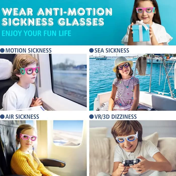Lunettes de mal de transport pour enfants – Essentielles de voyage ultra légères pour voiture/Air/mer et croisière |