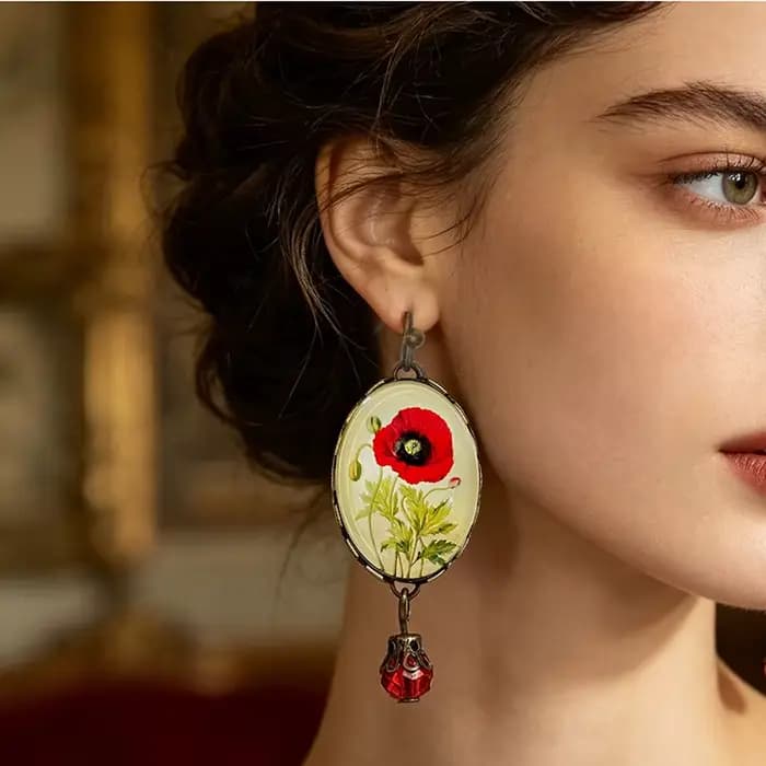 Boucles d'oreilles romantiques en verre en forme de fleur de coquelicot, finition bronze antique, bijoux fins pour elle, cadeau élégant