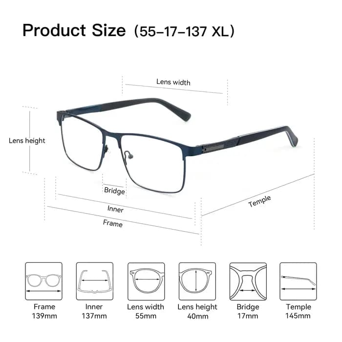 ZENOTTIC XL taille tendance métal lunettes de Prescription pour hommes Double pont carré photochromique multifocal