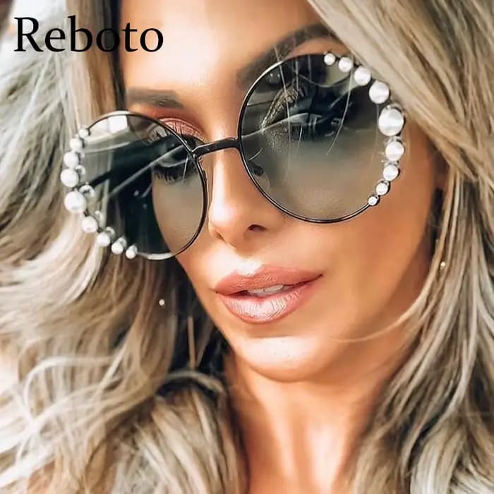 Lunettes de soleil rondes surdimensionnées pour femmes, marque de luxe en perles de styliste, verres transparents élégants, nuances roses pour femmes