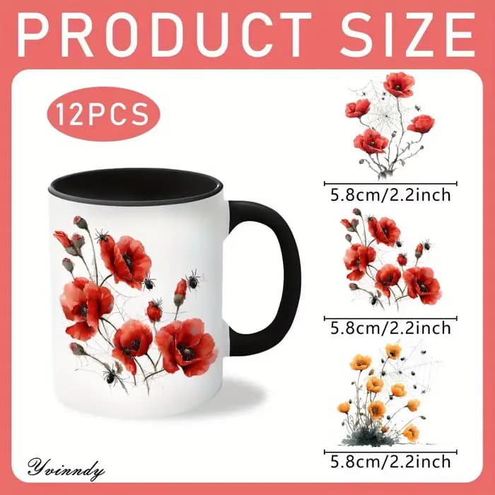 Lot de 12 autocollants pour pots en verre, motif fleurs de pavot aquarelle, papier transfert UV DTF auto-adhésif haute qualité