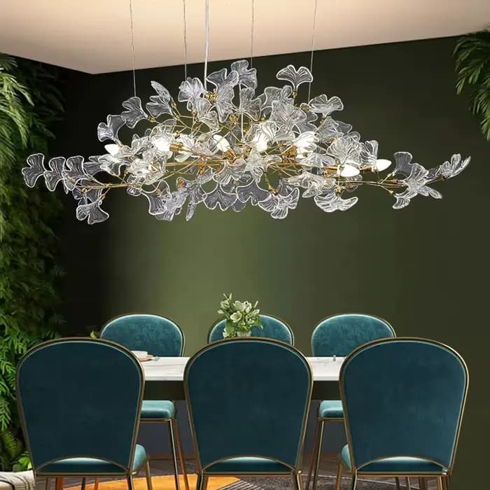 Lustres en verre de feuille de Ginkgo avec cadre en forme de branche d'or pour salle à manger chambre feuille plafonniers suspendus pour salon