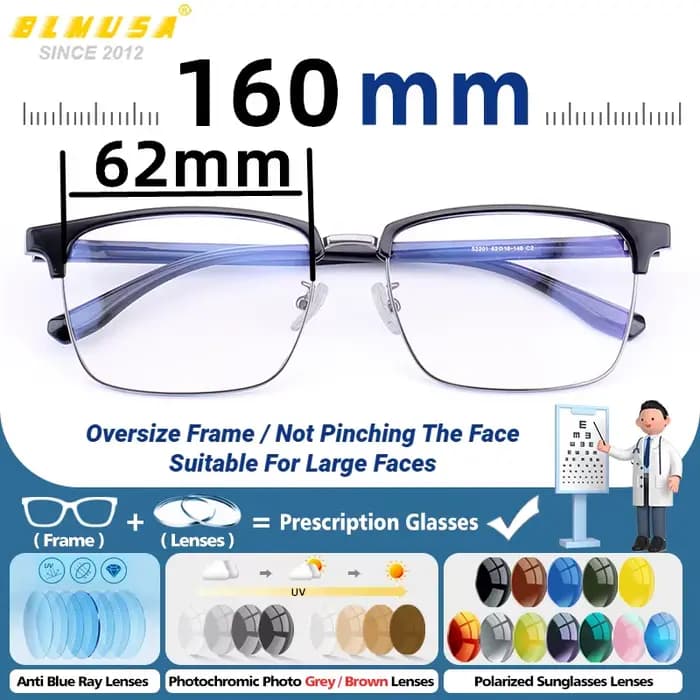 BLMUSA nouvelle mode carré surdimensionné cadre lunettes de Prescription affaires hommes large visage lecture lentilles