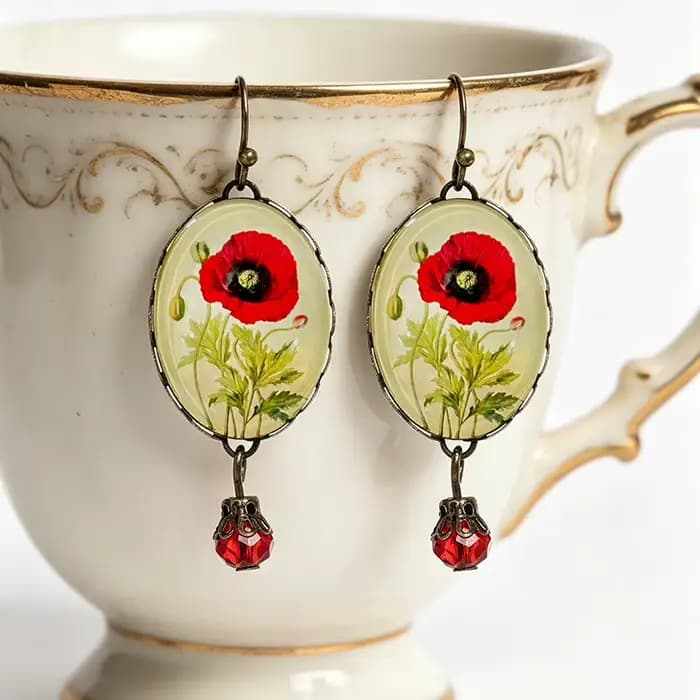 Boucles d'oreilles romantiques en verre en forme de fleur de coquelicot, finition bronze antique, bijoux fins pour elle, cadeau élégant