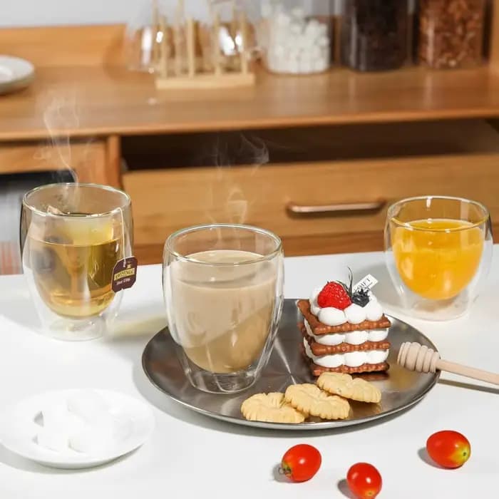 Lot de 6 tasses à café en verre transparent à double paroi de 60 ml/250 ml, parfaites pour expresso, cappuccino, latte, Americano, sachet de thé