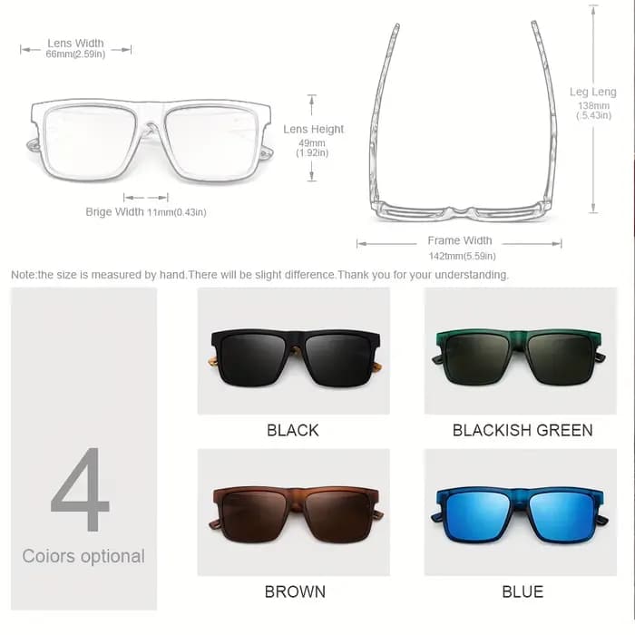 Lunettes de soleil carrées décontractées, Grain de bois, charnières à ressort, Protection UV400, uni