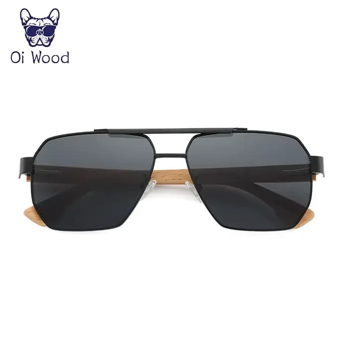 Lunettes de soleil en bois pour hommes et femmes, carrées en métal, lentille bleue, Protection UV, n