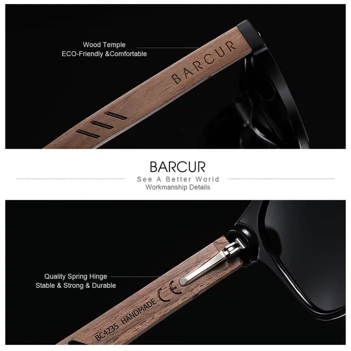 BARCUR-Lunettes de soleil polarisées en bois naturel pour hommes, lunettes de soleil légères, protec