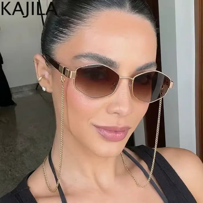 Lunettes De soleil hexagonales à petite monture pour femmes, Sexy, avec chaîne, marque De luxe De st
