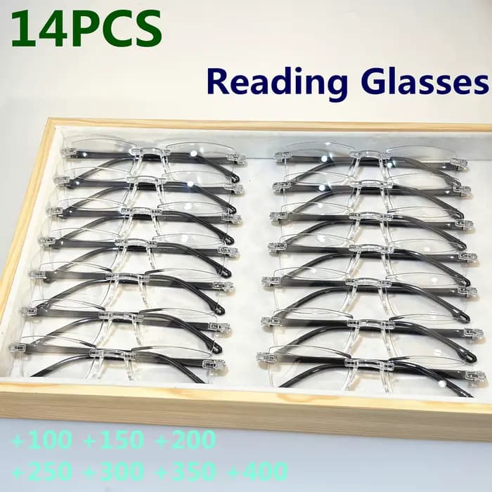 Paquet de 14 lunettes de lecture sans monture de style vintage – Cadre rectangulaire, bloquant la lu