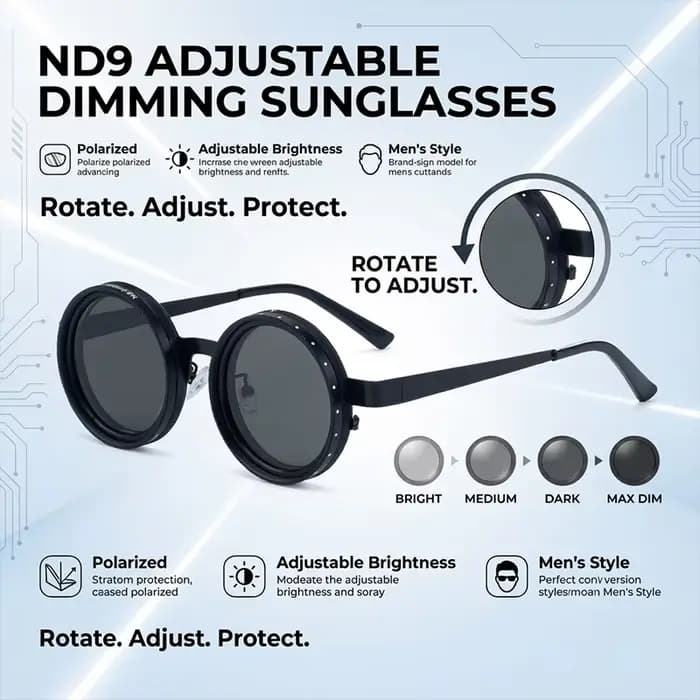 Lunettes de soleil polarisées rondes Steampunk ND9 à gradation réglable pour hommes 2026 Marque de l