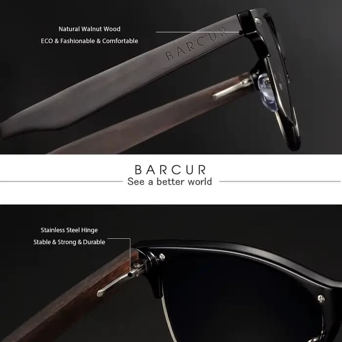 BARCUR – lunettes de soleil polarisées noires en ébène, zèbre, en bois naturel, pour hommes, pour co