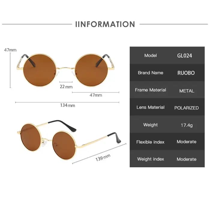 RUOBO – lunettes de soleil rétro polarisées à monture métallique ronde, pour hommes et femmes, lunet