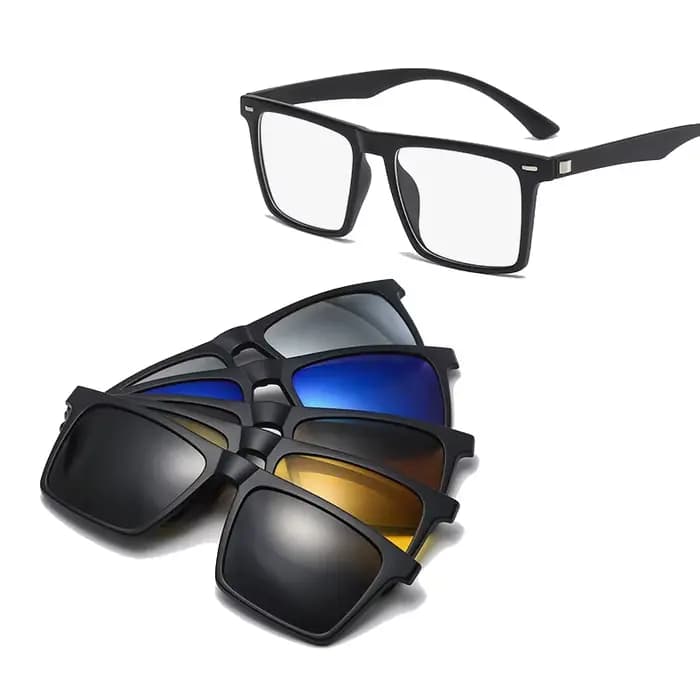 Lunettes de soleil polarisées carrées pour hommes avec clip magnétique 5 Lenes, monture TR90 grise,