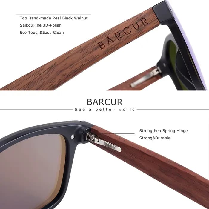 BARCUR – lunettes De soleil polarisées en bois, en noyer noir naturel, UV400, pour hommes et femmes