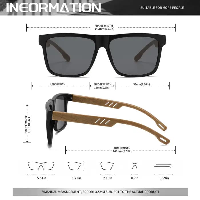 Lunettes de soleil à charnière à ressort en grain de bois, monture carrée rétro classique, confort u
