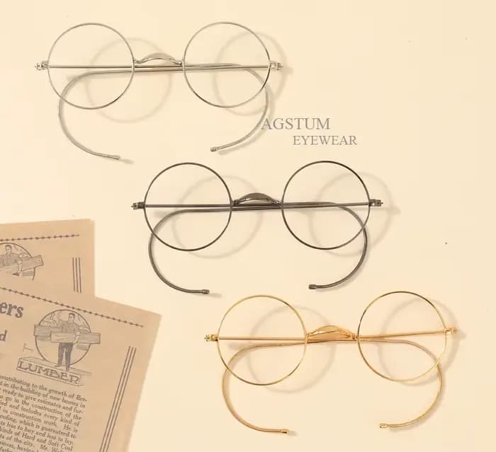Lunettes rondes vintage de 44 mm avec monture en fil doré sans plaquettes de nez, monture optique av