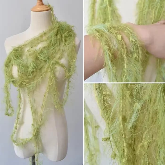Dentelle à franges en mélange de laine vert herbe, rose et blanc pour robe de mariée, décoration de