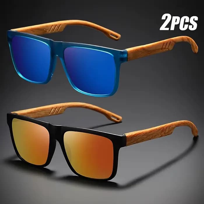 Lunettes de soleil carrées décontractées, Grain de bois, charnières à ressort, Protection UV400, uni