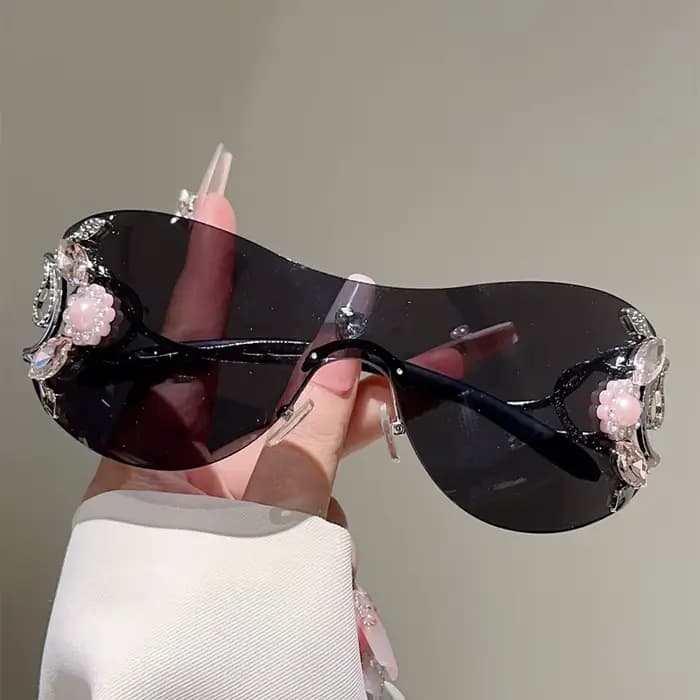 KAMMPT – lunettes de soleil Y2k sans bords avec strass pour femmes, monobloc, décoration extérieure,