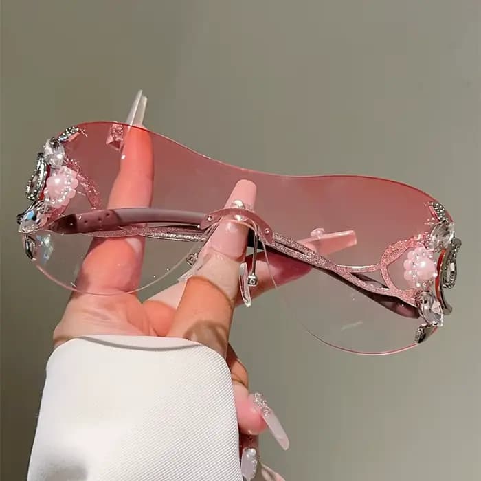 KAMMPT – lunettes de soleil Y2k sans bords avec strass pour femmes, monobloc, décoration extérieure,