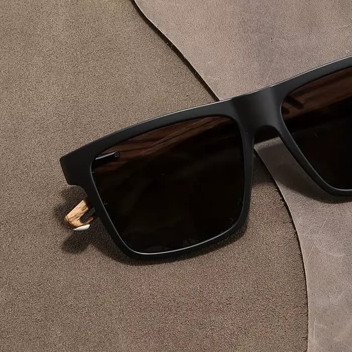 Lunettes de soleil carrées décontractées, Grain de bois, charnières à ressort, Protection UV400, uni