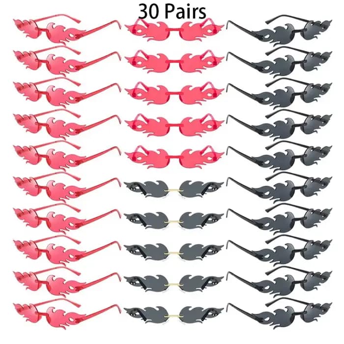 30 paires de lunettes de soleil sans monture en forme de flamme, couleur bonbon, décor de vacances à