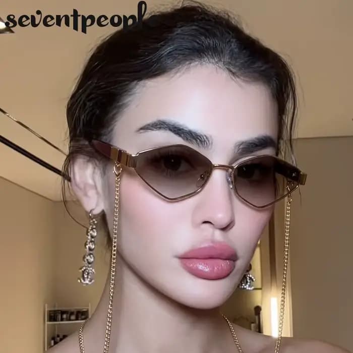 Lunettes de soleil hexagonales à petite monture avec chaîne pour femme 2026 – Marque de luxe vintage