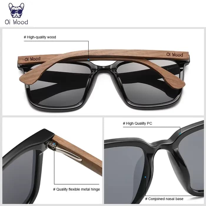 Oi bois hommes femmes lunettes de soleil carrées lunettes en bois verres bleus polarisés lunettes po