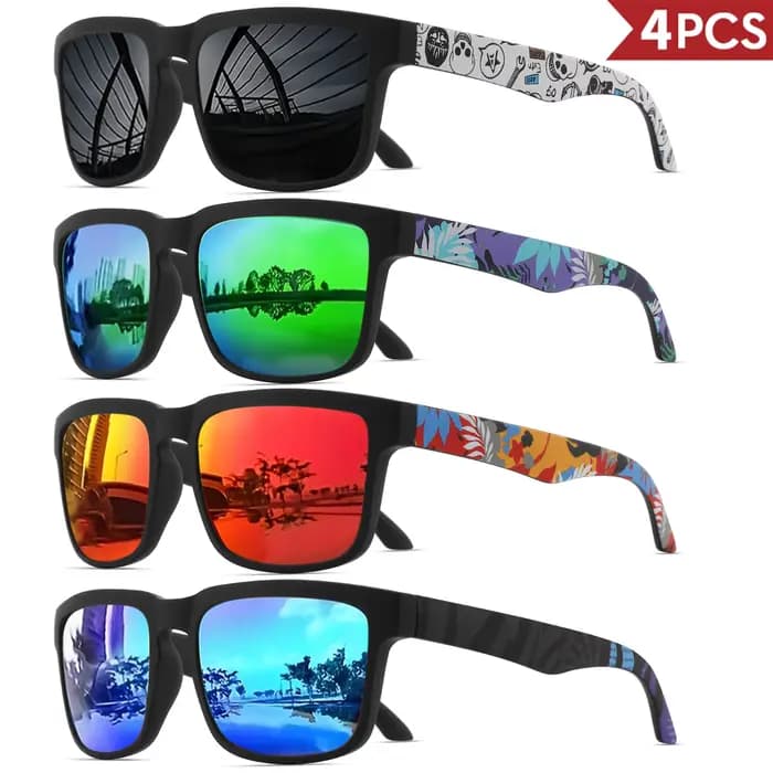 Lunettes de soleil de sport carrées 4 pièces avec motif de temple de créateur - UV400 pour hommes et