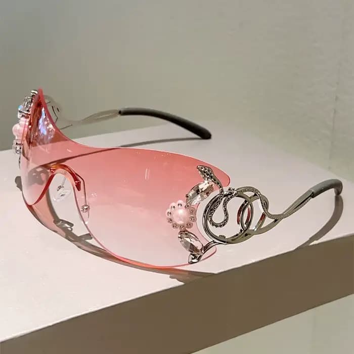 KAMMPT – lunettes de soleil Y2k sans bords avec strass pour femmes, monobloc, décoration extérieure,