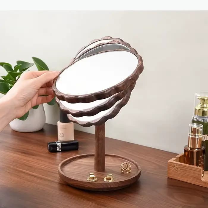 Miroir de maquillage sur pied en bois, miroir de coiffeuse, miroirs décoratifs en verre, plateau à bijoux, plateau de rangement pour outils de maquillage