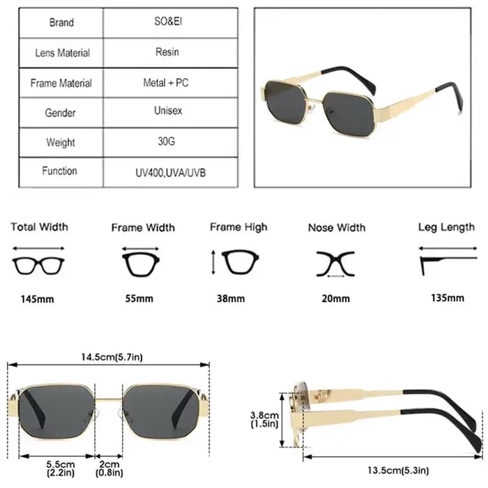 Buc& EI-Lunettes de soleil rétro à monture carrée en métal pour hommes et femmes