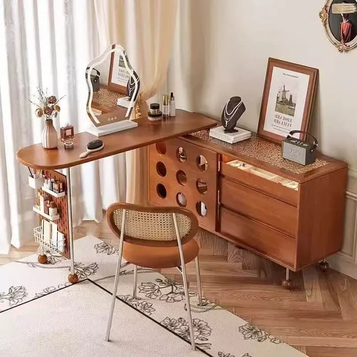 Coiffeuse d'angle télescopique en bois antique avec miroir et chaise, meuble de rangement rétro pour chambre à coucher, idéal pour hôtel et articles de toilette