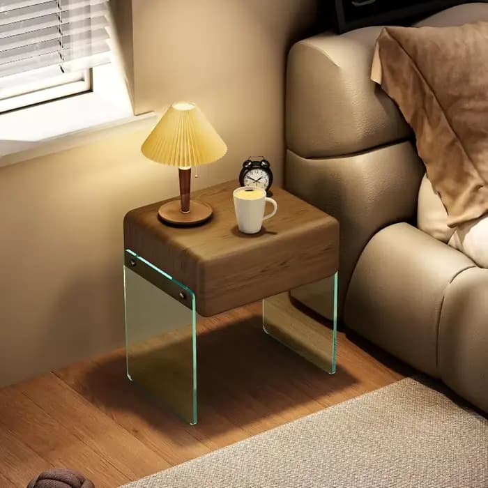 Table de chevet avec tiroir, pieds en verre transparent, Surface en simili cuir, tiroir en bois massif pour chambre à coucher, gris houblon
