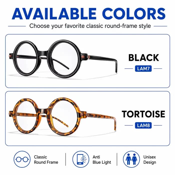 BEAU FIVE Lunettes de vue rondes vintage anti-lumière bleue, pour myopie, unisexe, pour la lecture, la conduite, les seniors, avec étui LAM
