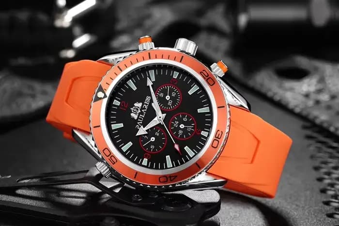 Montre automatique pour hommes, mouvement mécanique à remontage automatique, bracelet en caoutchouc, cadran Orange bleu noir, lunette rotative, montres de mode