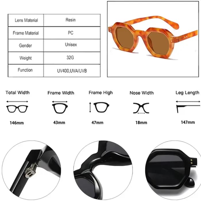 JNPCXI rétro ambre polygone petit carré femmes lunettes de soleil