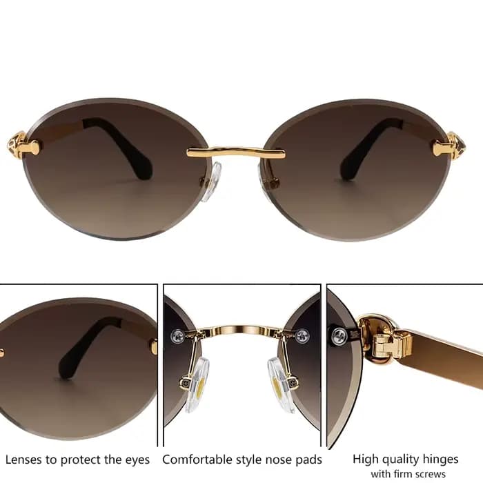 Lunettes de soleil ovales sans monture Steampunk pour femme 2026 – Marque de luxe