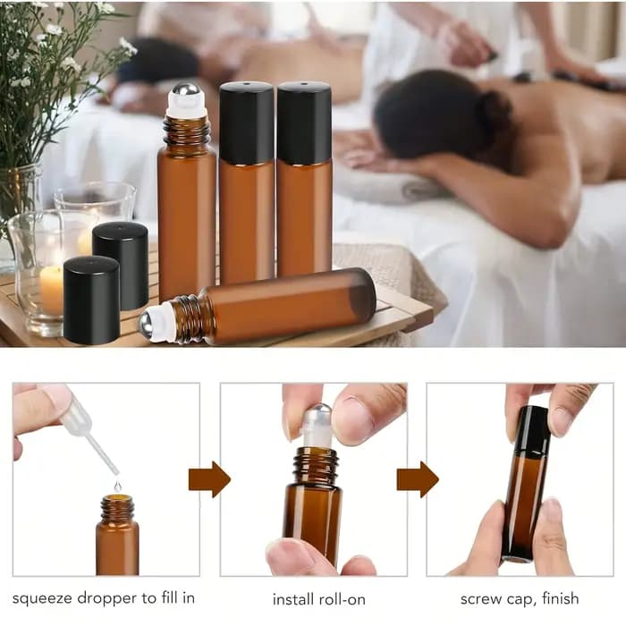 Bouteilles vides en verre ambré de 5/10ml, 5/10 pièces, rechargeables, pour Test d'échantillon, flacons d'huile essentielle avec boule à roulettes, récipient liquide