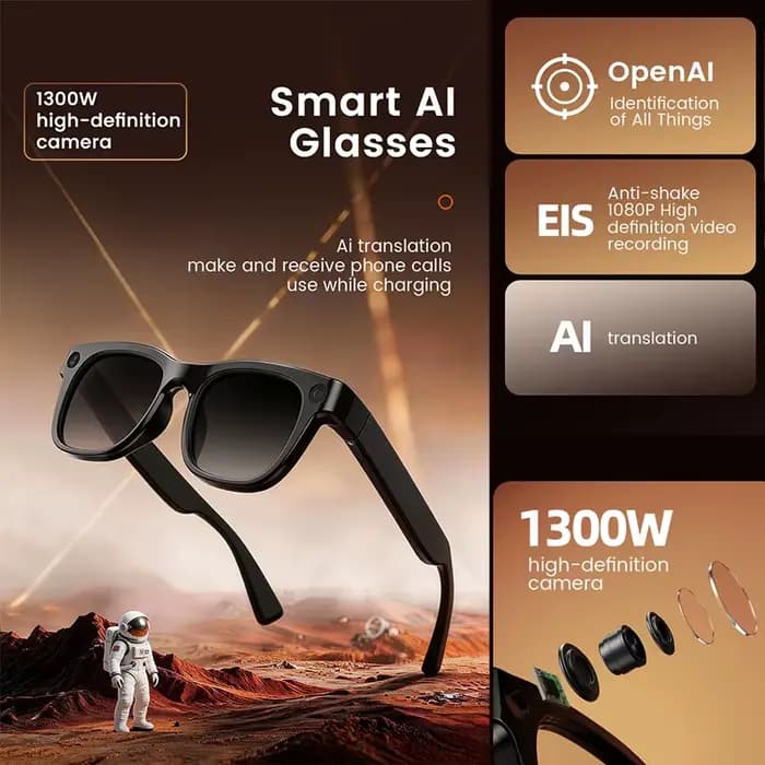 Lunettes Intelligentes IA 2026 Nouveau Modèle avec Reconnaissance IA HD 1300W Pixels, Traduction IA, Batterie 320mAh et Fonction d'Appel Sans Fil