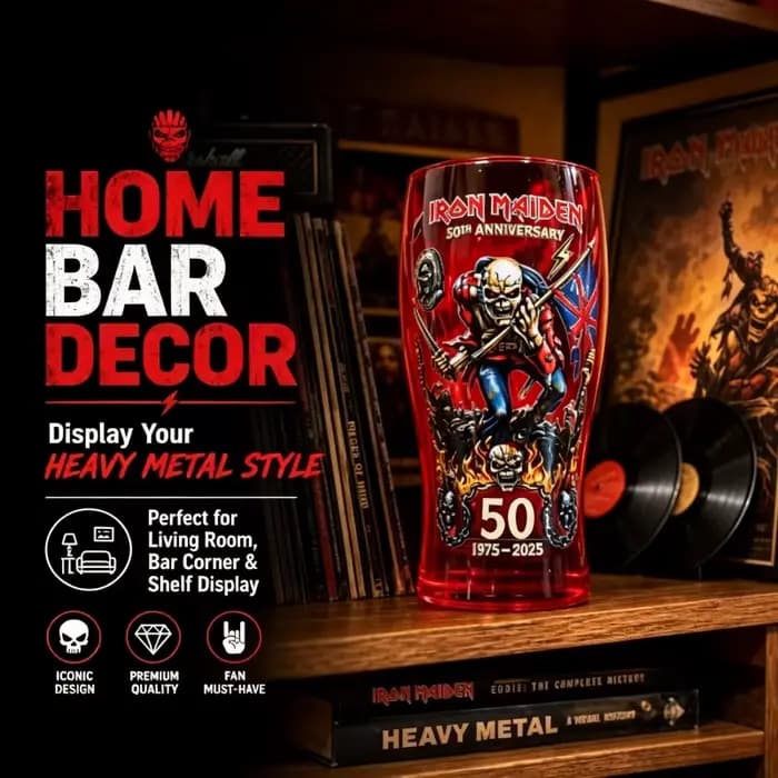 Verre à bière Iron Maiden Eddie The Head 1975-2025 – Commémoration 50 ans – Merchandising Heavy Metal Rock – Verre à bière (pint) – Articles de bar – Cadeau