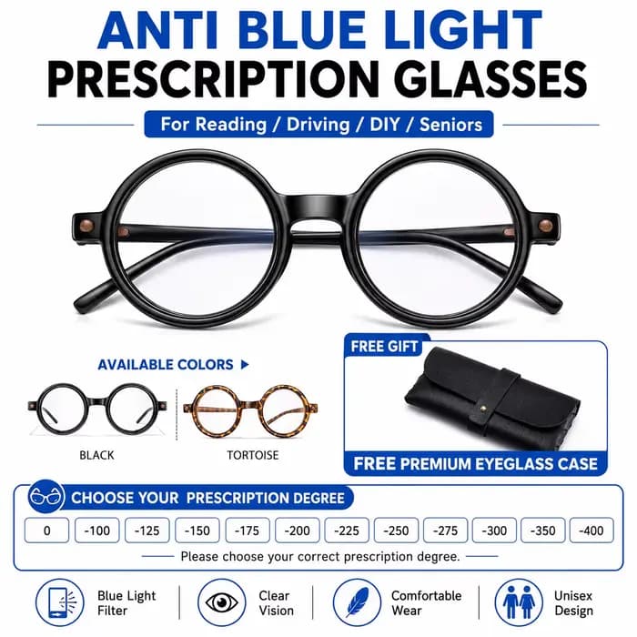 BEAU FIVE Lunettes de vue rondes vintage anti-lumière bleue, pour myopie, unisexe, pour la lecture, la conduite, les seniors, avec étui LAM