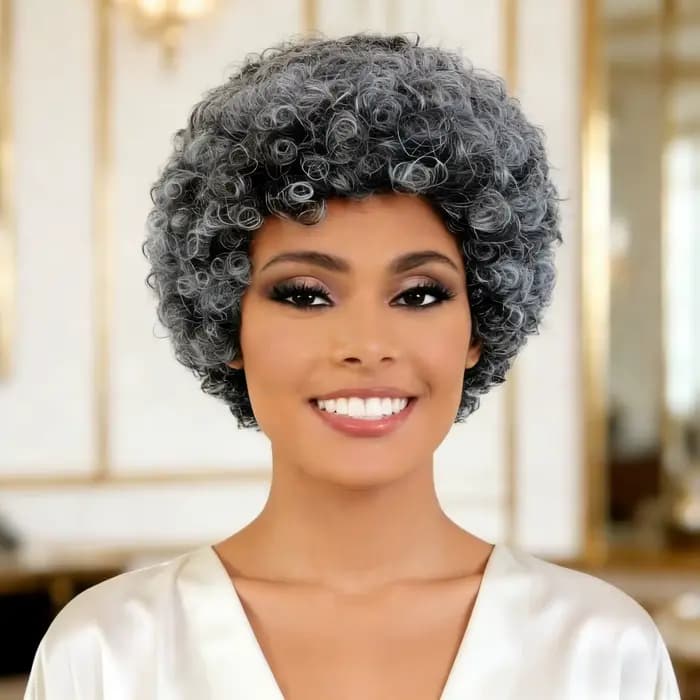 Perruque en cheveux humains gris pour femmes, perruque courte bouclée avec frange, pour maman/grand-mère, usage quotidien, 6 pouces, perruques bouclées rebondissantes, entièrement fabriquées à la mach