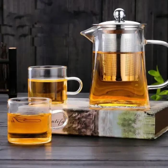 Théière en verre avec passoire, tasse transparente à quatre côtés, théière en verre, pour le bureau, la maison, l'été et l'hiver, 350/550/750ML