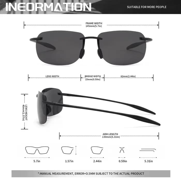 Lunettes de soleil aviateur polarisées sans cadre TR90 ultra légères 11 g – Flexibles et confortables unisexes pour la