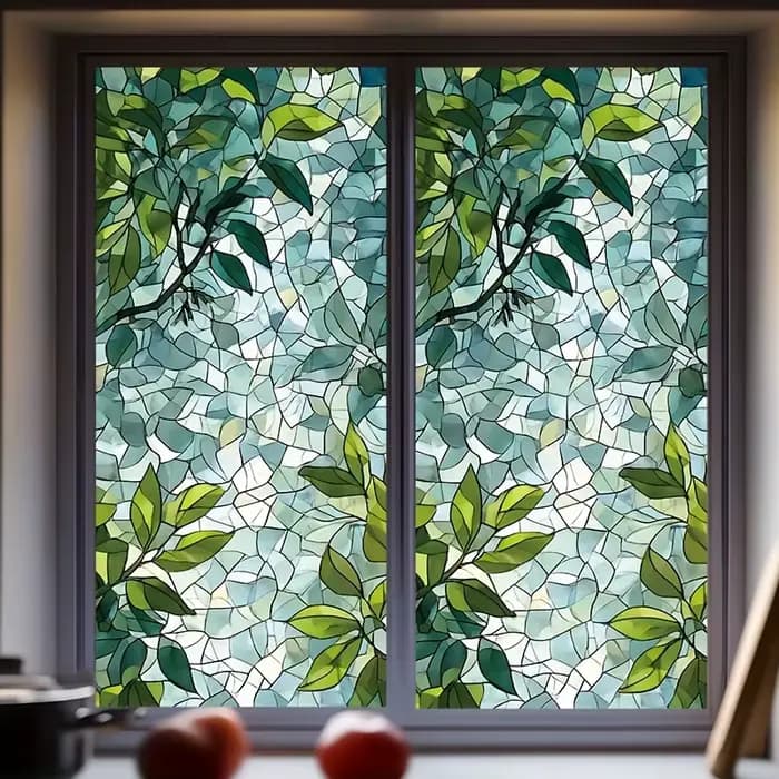 1 pièce Film adhésif statique pour fenêtre en verre teinté motif feuille verte - Film électrostatique givré - Autocollant décoratif de confidentialité pour la maison et la salle de bain